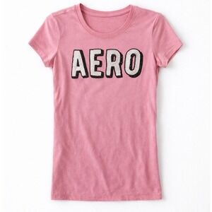 Y2K Aeropostale Pink Sequin AERO logo‎ Baby Tee Fitted 2000s Top Medium